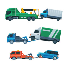 Tow Truck or Wrecker Moving Disabled or Impounded Motor Vehicle Vector Set