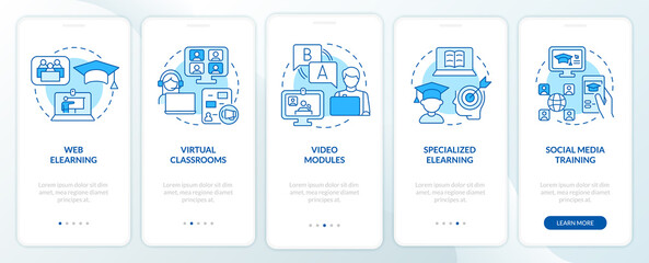 Elearning types blue onboarding mobile app screen. Online education walkthrough 5 steps graphic instructions pages with linear concepts. UI, UX, GUI template. Myriad Pro-Bold, Regular fonts used