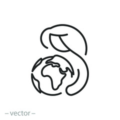mother with care earth icon, world woman day concept, globe and woman, thin line symbol on white background - editable stroke vector illustration