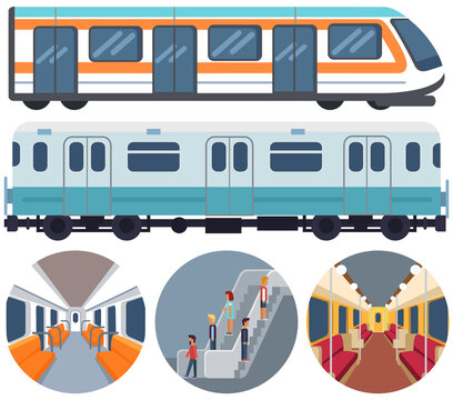 Metro station and passenger train vector illustration. Set with moving staircase, navigation, passenger seats, turnstile for website infographics. Trains of subway, high speed public transport metro