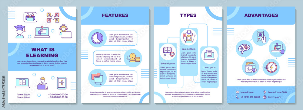 Poster what is elearning brochure template. computer learning. booklet print design with linear icons. vect