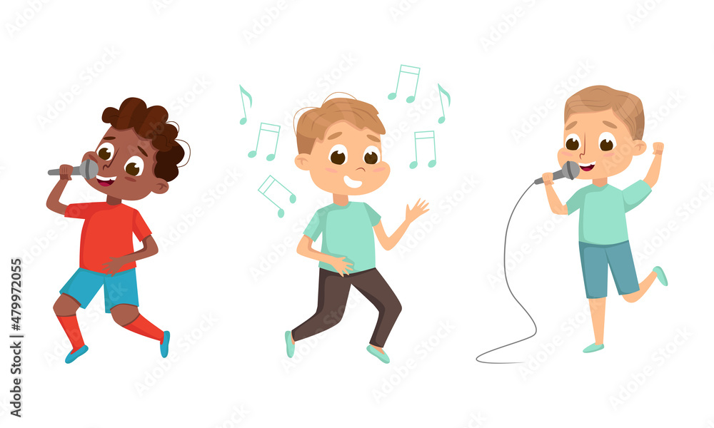 Poster funny boy standing with microphone and singing song vector set