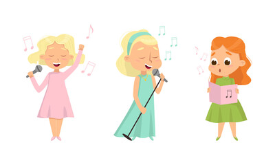 Funny Girl Standing with Microphone and Singing Song Vector Set