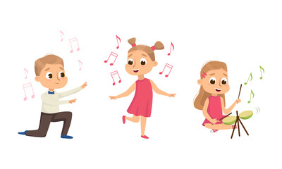 Funny Boy and Girl Dancing and Playing Drum Vector Set