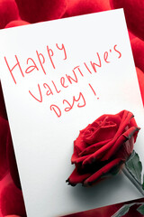 happy valentine's day - greeting inscription on a white valentine background. a greeting card with a beautiful red rose in the foreground. hand lettering by hand