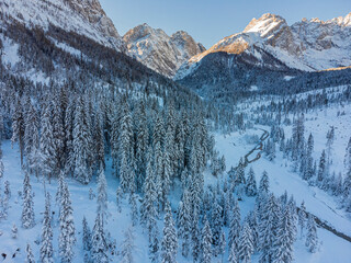 Cold and snowy winter. Sappada Dolomites from above.
