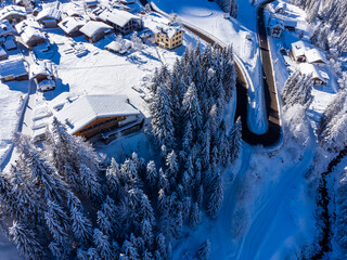 Cold and snowy winter. Sappada Dolomites from above.