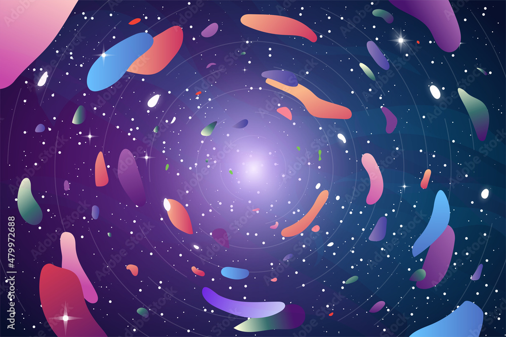 Aufkleber background with orbits and flying around color gradient splashes. stars and nebula on background. co
