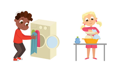 Little Big-eyed Boy Doing Laundry and Girl Washing Dishes Vector Set