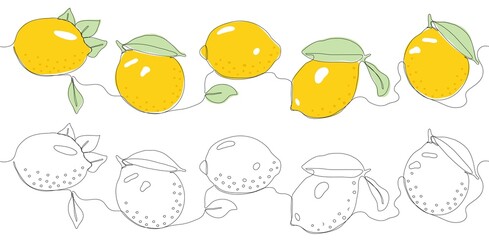 Lemon seamless border. One continuous line illustration. Coloring book for kids. Textile print