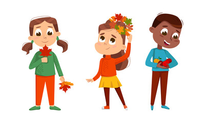 Cute Little Girl with Autumn Leaves Enjoying Fall Season Walking Outdoor Vector Set