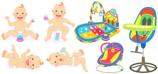 Multinational children, kids playing, baby care objects, newborn items supplies, set of icons. Toys, clothes, devices for transporting, bathing of babies. Babies in diapers crawling, smiling