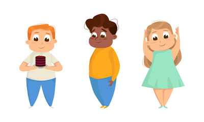 Little Boy and Girl with Overweight and Body Fat Standing and Smiling Vector Set