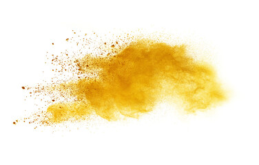 Abstract powder splatted background,Freeze motion of yellow powder exploding, throwing orange dust on white background.