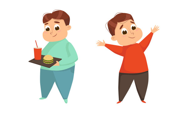 Little Boy with Overweight and Body Fat Holding Tray with Fast Food Vector Set