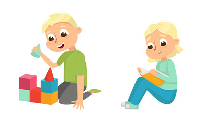 Cute Children in Class Studying School Subject Reading Book and Building Block Tower Vector Set