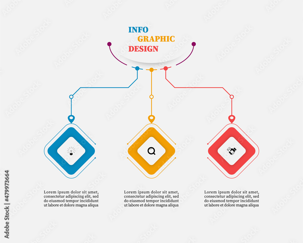 Poster square vector design template icon for 3 point banner, number graphics bubbles. timeline infographic