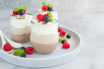Dessert three chocolate in a glass jar with fresh blueberries, raspberries and blackberries on top on a gray concrete background. Dessert with three layers of different taste. Copy space.