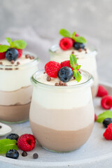 Dessert three chocolate in a glass jar with fresh blueberries, raspberries and blackberries on top on a gray concrete background. Dessert with three layers of different taste. Copy space.