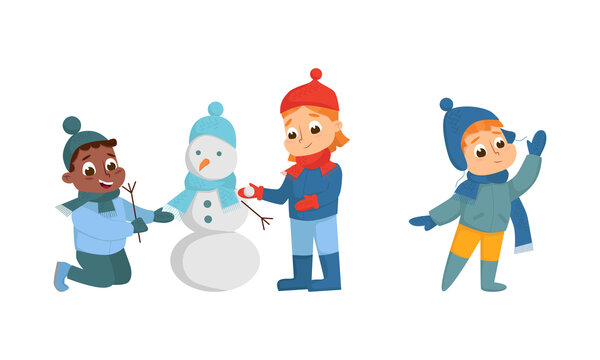 Cheerful Boy and Girl Waving Hand and Building Snowman Walking and Enjoying Winter Holiday Vector Set