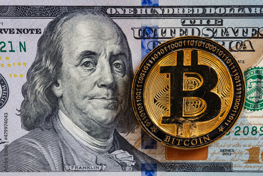 Wall mural bitcoin on 100 dollar bill background