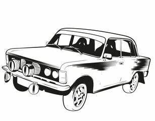 Fototapeta na wymiar car cartoon classic retro vintage sketch sport rally on white background