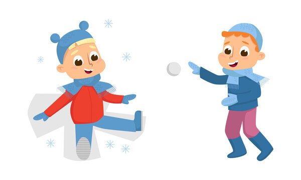 Cheerful Boy Walking and Enjoying Winter Holiday Making Star on Snow and Playing Snowball Vector Set