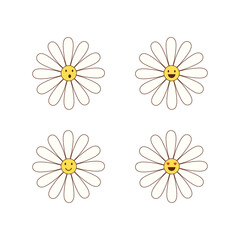 cute cartoon daisy flowers set. funny vector illustration of chamomile flowers with smiley faces and hearts. hippie symbol, peace and love, isolated on white background