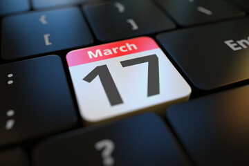 March 17 date on a keyboard key, conceptual 3d rendering