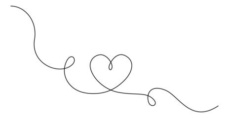Heart and love sign in continuous one line drawing. Thin flourish and romantic symbol in simple linear style. Editable stroke. Minimalistic Doodle vector illustration
