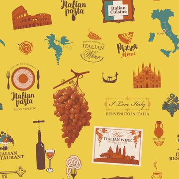Travel seamless pattern on the theme of Italy and Italian cuisine on a yellow backdrop. Repeating vector background in retro style. Suitable for wallpaper, wrapping paper and fabric design