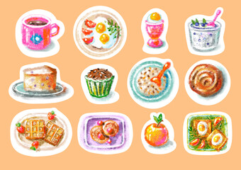 A set of stickers with various breakfasts