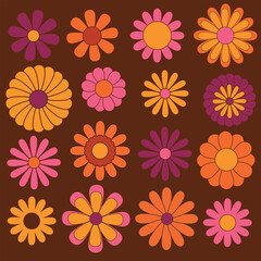 Fototapeta na wymiar Set of colorful floral geometric objects. Groovy flowers, vector illustration, hippie aesthetic. Funny multicolored botanical art print