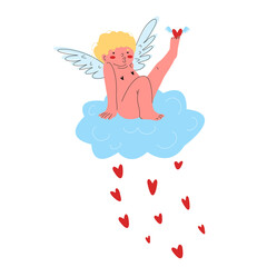 Cupid is sitting on a cloud. Funny Character for Valentine's Day.Editable stroke.Vector illustration