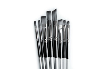 Different brushes with paints on white background. View of various professional paint brushes isolated on white. Set of brushes for painting in a case