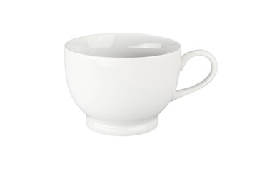 White tea cup for drink isolated on white background. Ceramic coffee cup or mug close up. Mock-up classic porcelain utensils. Blank ceramic mug mockup template for branding on white