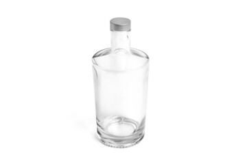 Empty glass carafe isolated on white background. Bottle side view with transparent liquid. Pitcher and glass cup with natural water. Empty jug or pitcher
