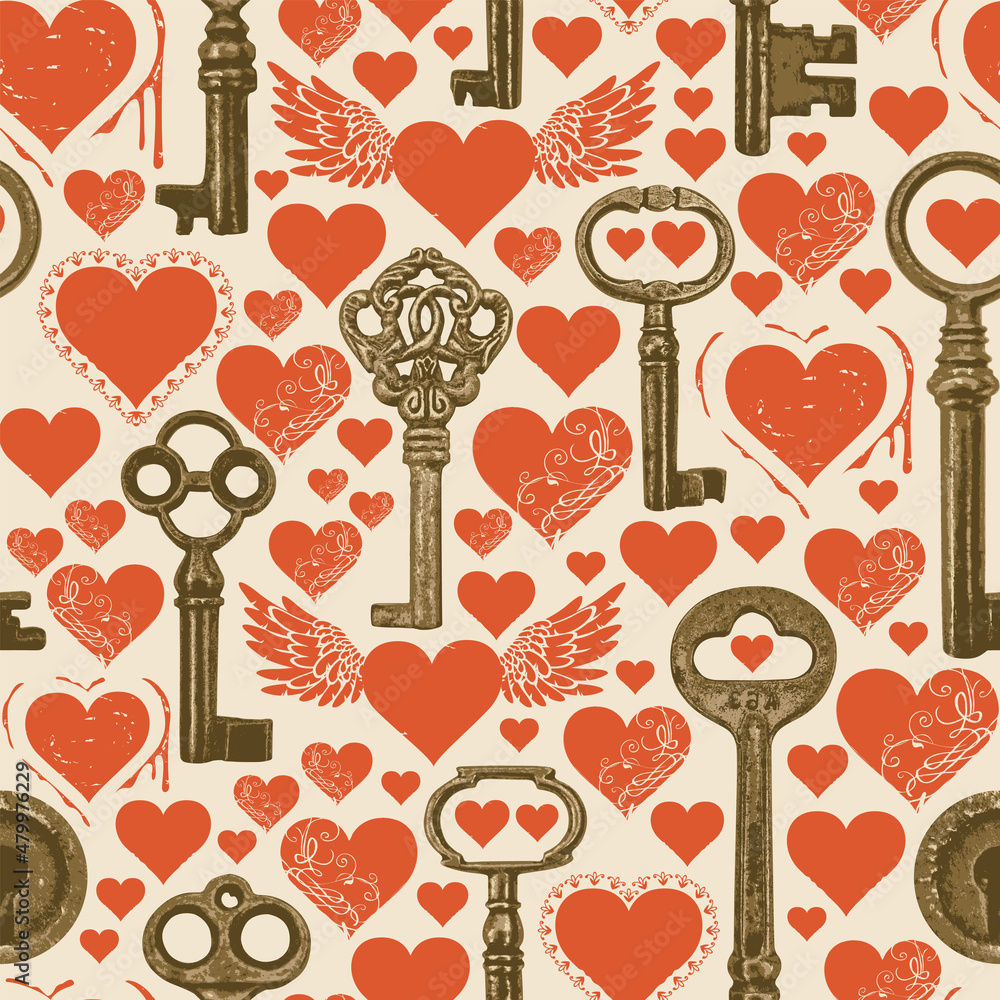 Poster seamless pattern on the love theme with red hearts and old bronze keys. repeating vector background 