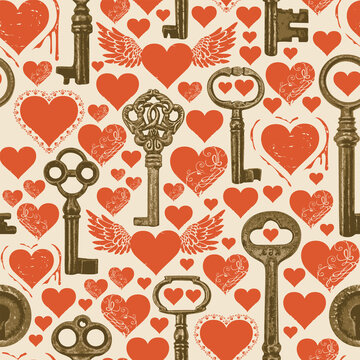 Seamless pattern on the love theme with red hearts and old bronze keys. Repeating vector background in vintage style. Suitable for Wallpaper, wrapping paper, fabric, valentine greeting card