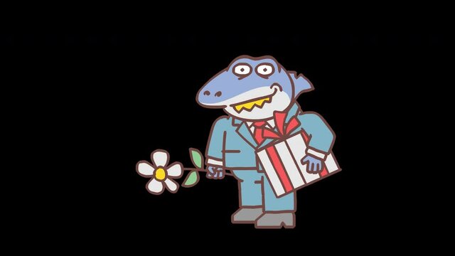 Boss shark enamored holds flower and gift. Frame by frame animation. Alpha channel. Looped animation
