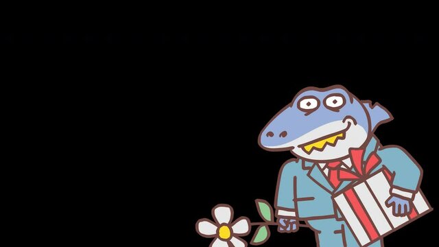 Boss shark enamored appears on screen holds flower and gift. Frame by frame animation. Alpha channel