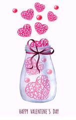 Cute glass bottle with hearts. Watercolor valentine