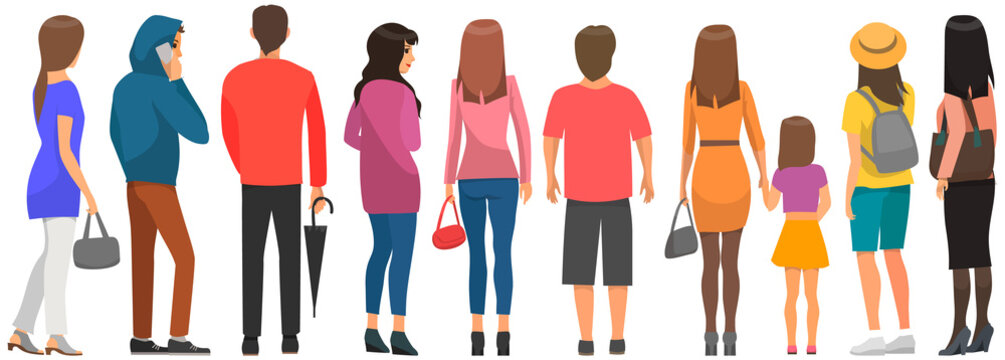 Backview of people looking at something. Men and women in different clothes stand with their backs to viewer. Characters are standing and waiting. Backs of adults and children vector illustration