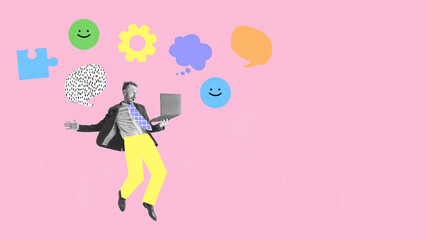 Excited stylish worker, businessman using laptop isolated on pink background with dust effect....
