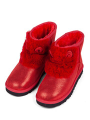 Red winter woman's boots with fur on a white background
