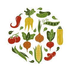 Carrot, beet, onion, corn, leaves, tomato, beans, chilli. Round food illustration with isolated vegetables. Color silhouette elements on white background. Vector hand drawn print, poster - 479977655