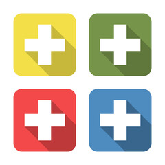 Cross. Medical icon isolated on green, yellow, blue and red background. First aid. Healthcare, medical and pharmacy sign. Square button.