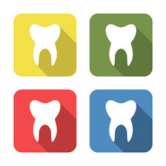 Tooth. Medical icon isolated on green, yellow, blue and red background. First aid. Healthcare, medical and pharmacy sign. Square button.