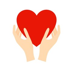 Vector illustration of two female hands holding red heart. Symbol of charity blood donation, unity partnership peace help support. Social political poster banner