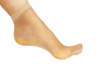 Leg of beautiful young woman in sock isolated on a white background